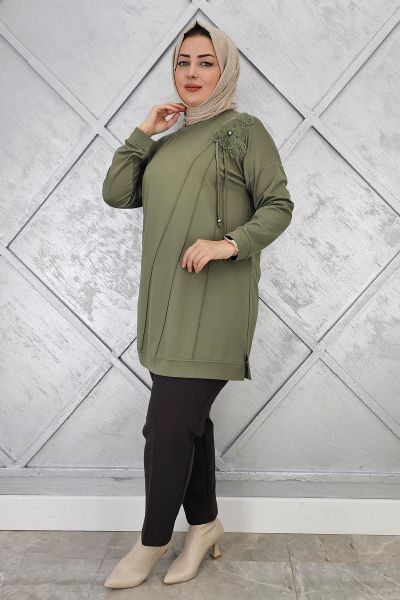 KADIN ÇİÇEKLİ NERVÜR DİKİM DETAYLI TESETTÜR TUNİK HAKİ - 2 BEDEN