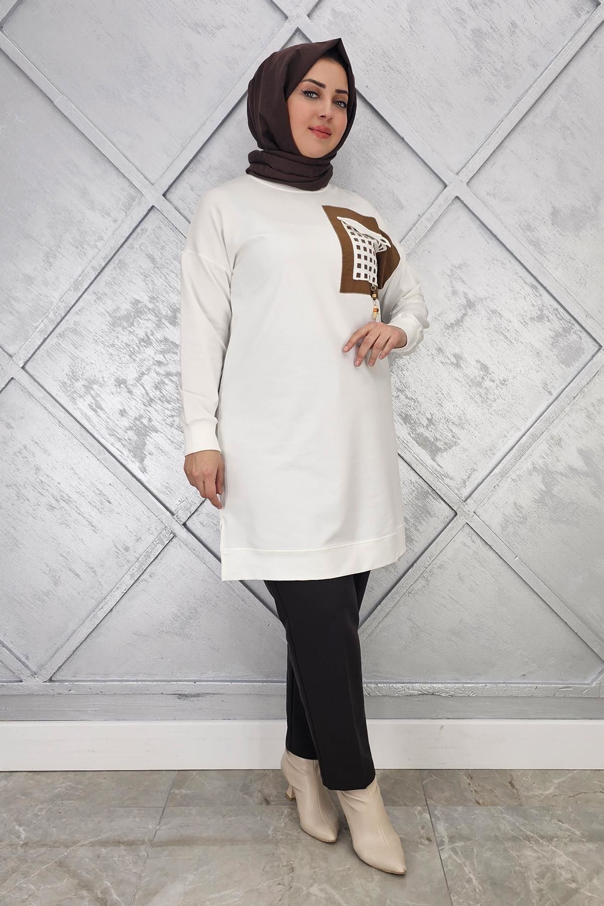 KADIN CEBİ KOMBİN VE AKSESUAR DETAYLI TESETTÜR TUNİK EKRU - 2 BEDEN