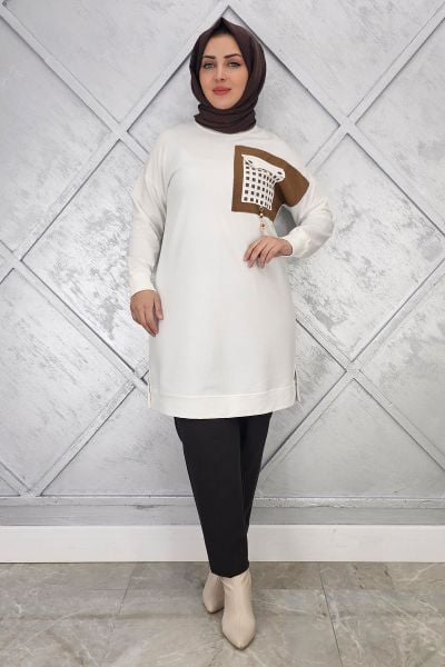 KADIN CEBİ KOMBİN VE AKSESUAR DETAYLI TESETTÜR TUNİK EKRU - 2 BEDEN
