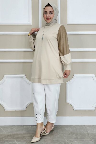 PYS KADIN KOMBİNLİ KOLYE DETAYLI TESETTÜR BEJ - 3 BEDEN