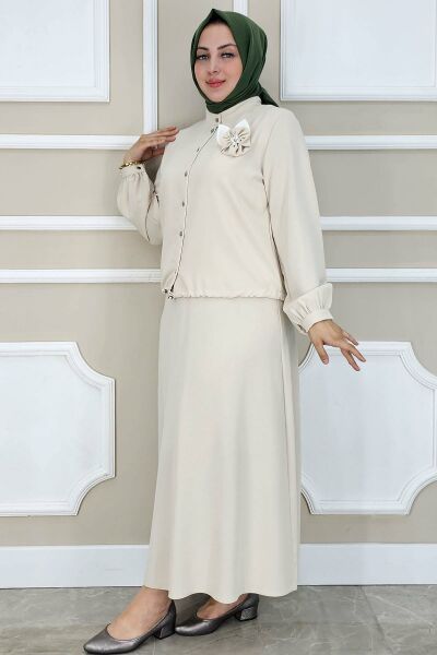 PYS KADIN ÇİÇEK BROŞ DETAYLI GÖMLEK ETEK TESETTÜR TAKIM TAŞ - 5 BEDEN