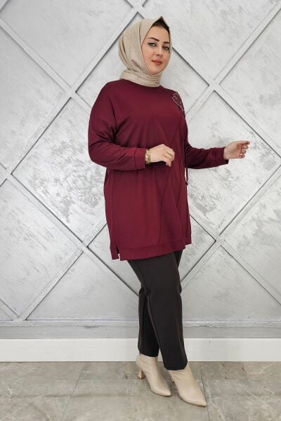 KADIN ÇİÇEKLİ NERVÜR DİKİM DETAYLI TESETTÜR TUNİK BORDO - 3 BEDEN