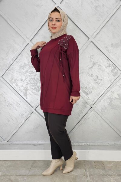 KADIN ÇİÇEKLİ NERVÜR DİKİM DETAYLI TESETTÜR TUNİK BORDO - 3 BEDEN