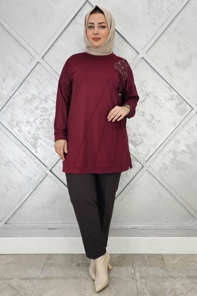 KADIN ÇİÇEKLİ NERVÜR DİKİM DETAYLI TESETTÜR TUNİK BORDO - 3 BEDEN