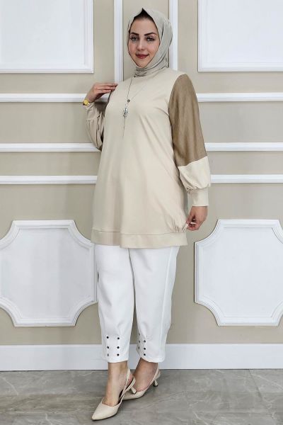 PYS KADIN KOMBİNLİ KOLYE DETAYLI TESETTÜR BEJ - 5 BEDEN