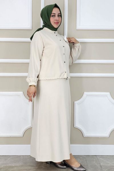 PYS KADIN ÇİÇEK BROŞ DETAYLI GÖMLEK ETEK TESETTÜR TAKIM TAŞ - 2 BEDEN