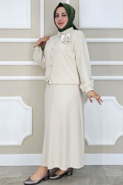 PYS KADIN ÇİÇEK BROŞ DETAYLI GÖMLEK ETEK TESETTÜR TAKIM TAŞ - 2 BEDEN