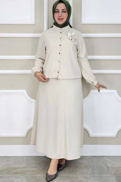 PYS KADIN ÇİÇEK BROŞ DETAYLI GÖMLEK ETEK TESETTÜR TAKIM TAŞ - 2 BEDEN