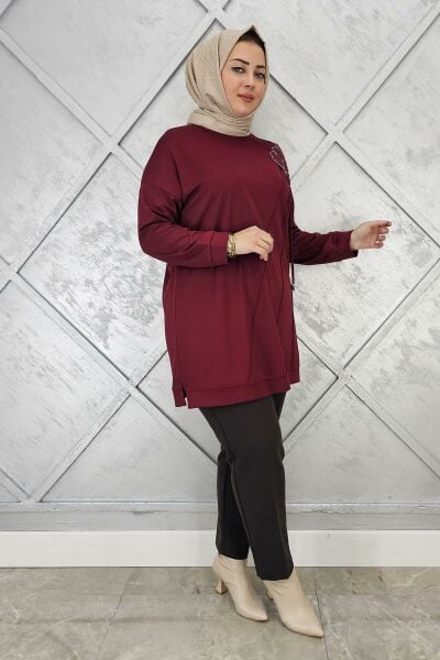 KADIN ÇİÇEKLİ NERVÜR DİKİM DETAYLI TESETTÜR TUNİK BORDO - 4 BEDEN