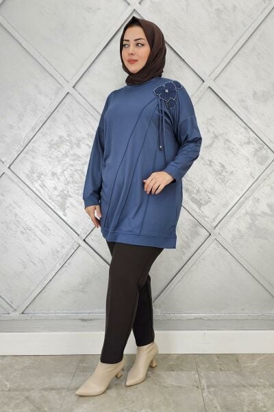 KADIN ÇİÇEKLİ NERVÜR DİKİM DETAYLI TESETTÜR TUNİK İNDİGO - 5 BEDEN