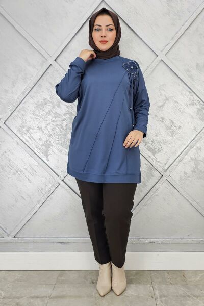 KADIN ÇİÇEKLİ NERVÜR DİKİM DETAYLI TESETTÜR TUNİK İNDİGO - 5 BEDEN
