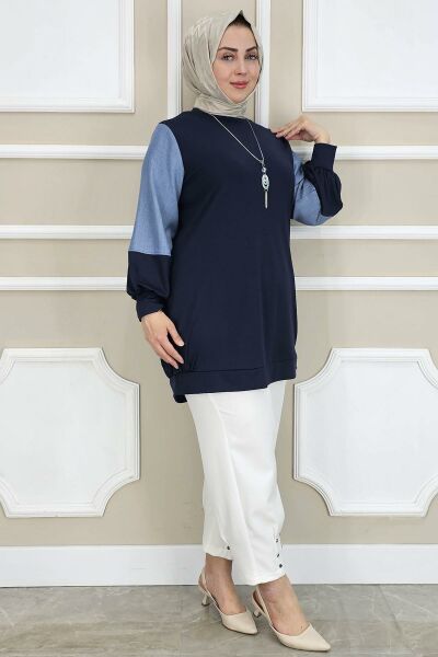 PYS KADIN KOMBİNLİ KOLYE DETAYLI TESETTÜR LACİVERT - 4 BEDEN