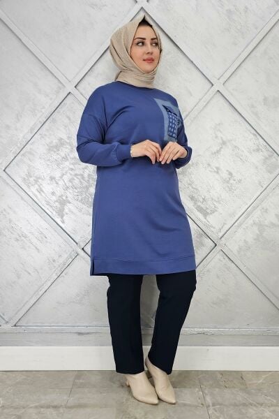 KADIN CEBİ KOMBİN VE AKSESUAR DETAYLI TESETTÜR TUNİK İNDİGO - 4 BEDEN