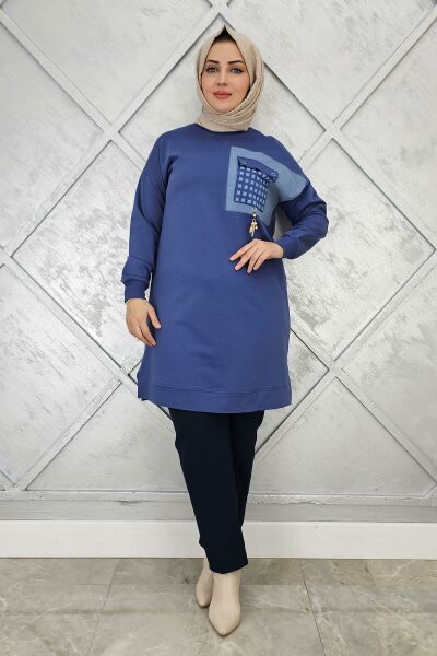 KADIN CEBİ KOMBİN VE AKSESUAR DETAYLI TESETTÜR TUNİK İNDİGO - 4 BEDEN