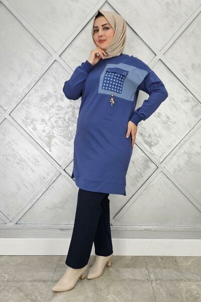 KADIN CEBİ KOMBİN VE AKSESUAR DETAYLI TESETTÜR TUNİK İNDİGO - 4 BEDEN