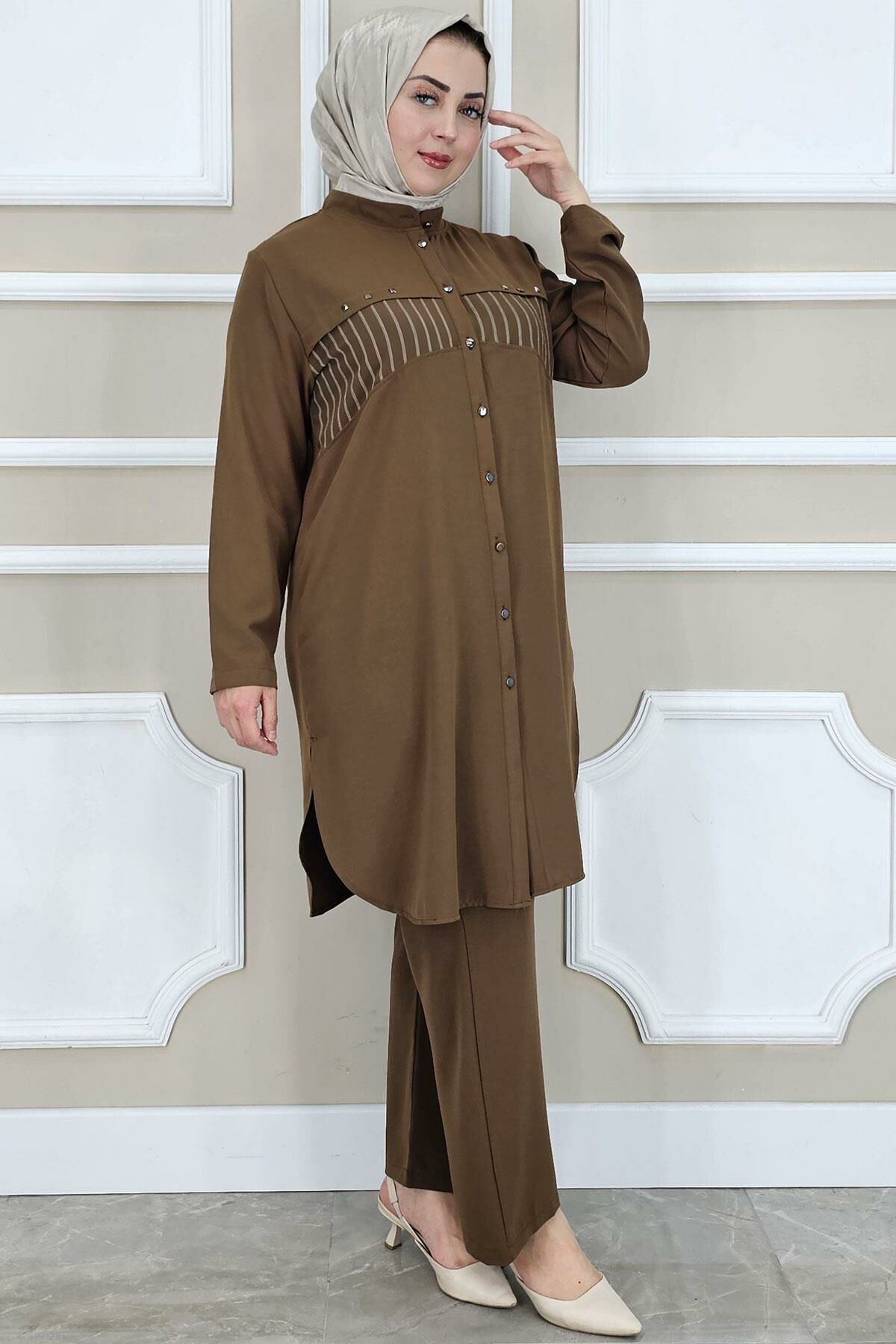 PYS KADIN KOMBİNLİ TAŞ DETAYLI TESETTÜR TAKIM KAHVERENGİ - 2 BEDEN