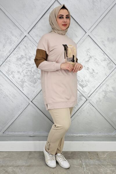 KADIN BASKI DETAYLI KOMBİNLİ TESETTÜR TUNİK BEJ - 4 BEDEN