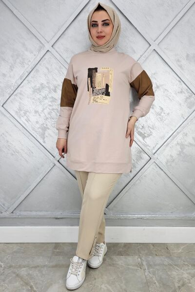 KADIN BASKI DETAYLI KOMBİNLİ TESETTÜR TUNİK BEJ - 4 BEDEN