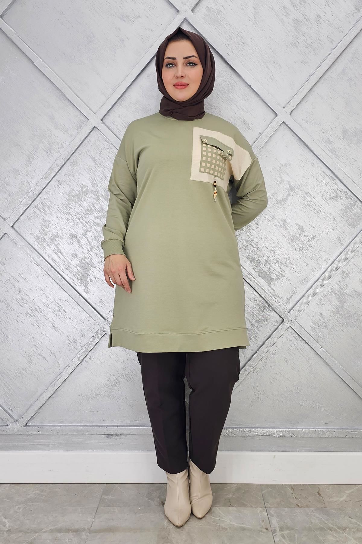 KADIN CEBİ KOMBİN VE AKSESUAR DETAYLI TESETTÜR TUNİK MİNT YEŞİLİ - 4 BEDEN