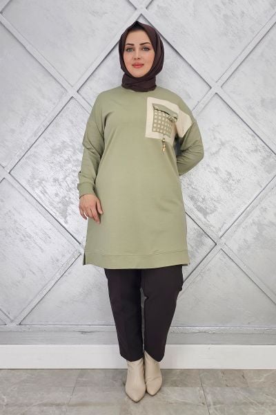 KADIN CEBİ KOMBİN VE AKSESUAR DETAYLI TESETTÜR TUNİK MİNT YEŞİLİ - 4 BEDEN