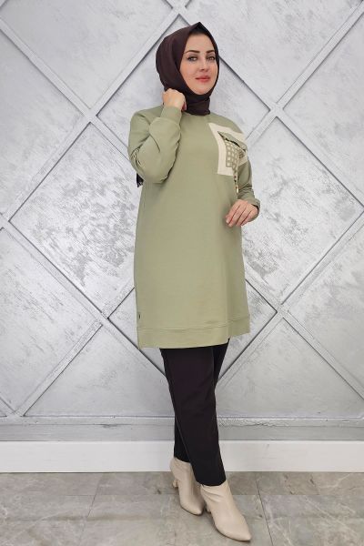 KADIN CEBİ KOMBİN VE AKSESUAR DETAYLI TESETTÜR TUNİK MİNT YEŞİLİ - 4 BEDEN