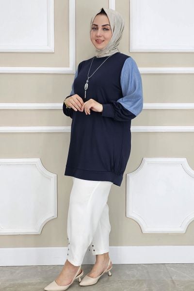 PYS KADIN KOMBİNLİ KOLYE DETAYLI TESETTÜR LACİVERT - 5 BEDEN