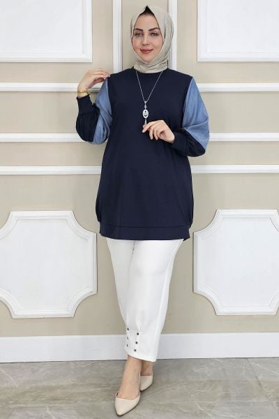 PYS KADIN KOMBİNLİ KOLYE DETAYLI TESETTÜR LACİVERT - 5 BEDEN