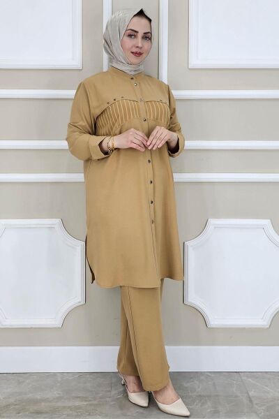 PYS KADIN KOMBİNLİ TAŞ DETAYLI TESETTÜR TAKIM CAMEL - 2 BEDEN