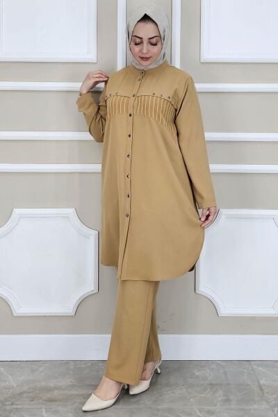 PYS KADIN KOMBİNLİ TAŞ DETAYLI TESETTÜR TAKIM CAMEL - 2 BEDEN