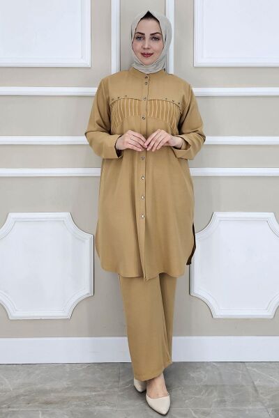 PYS KADIN KOMBİNLİ TAŞ DETAYLI TESETTÜR TAKIM CAMEL - 2 BEDEN