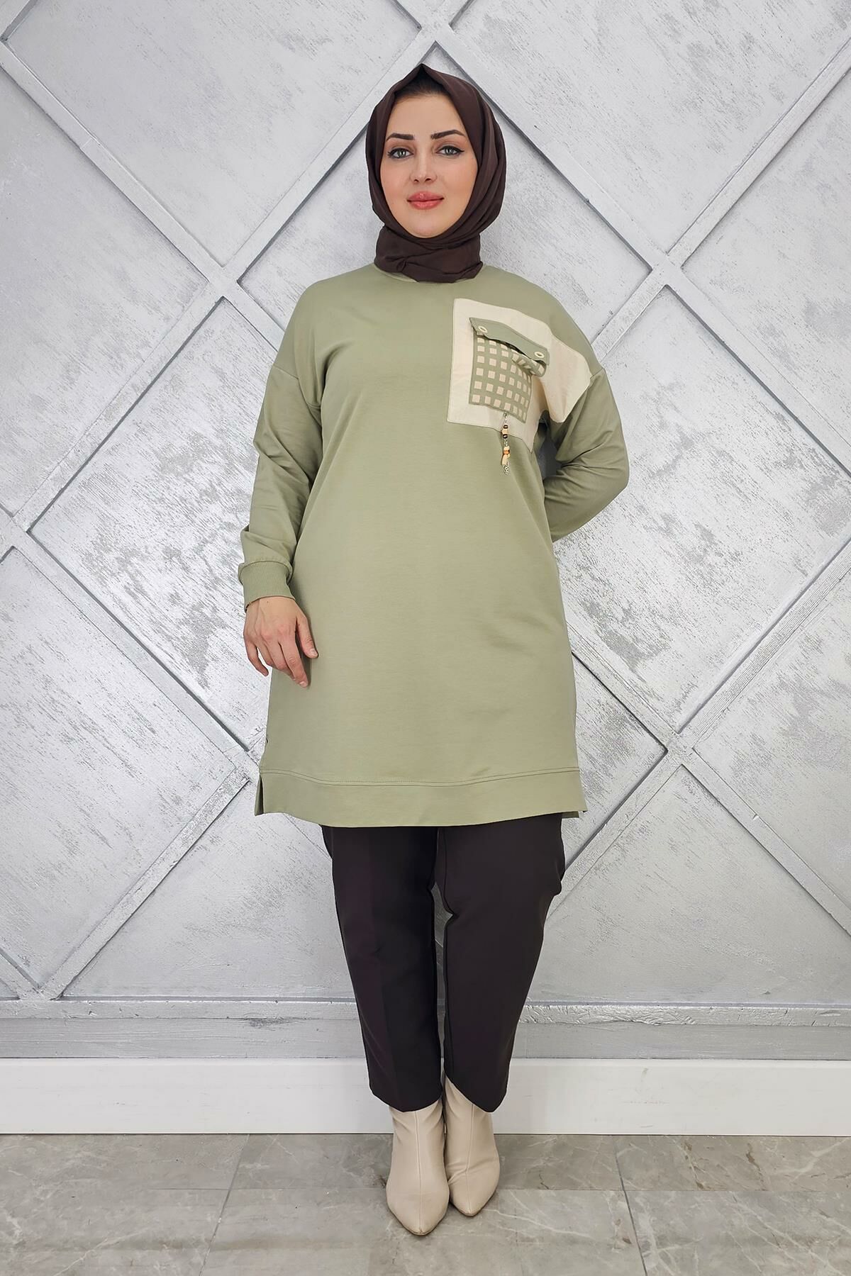 KADIN CEBİ KOMBİN VE AKSESUAR DETAYLI TESETTÜR TUNİK MİNT YEŞİLİ - 5 BEDEN