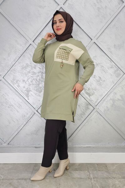 KADIN CEBİ KOMBİN VE AKSESUAR DETAYLI TESETTÜR TUNİK MİNT YEŞİLİ - 5 BEDEN