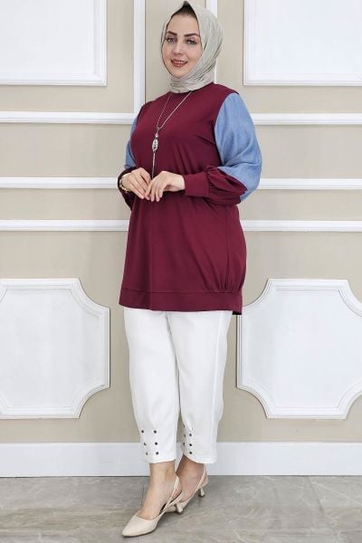 PYS KADIN KOMBİNLİ KOLYE DETAYLI TESETTÜR BORDO - 4 BEDEN