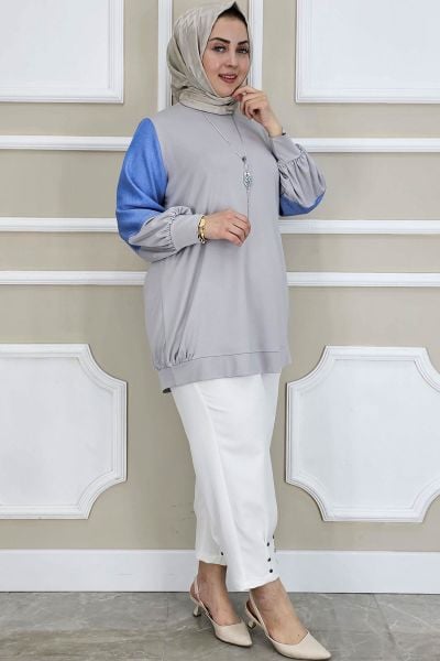 PYS KADIN KOMBİNLİ KOLYE DETAYLI TESETTÜR GRİ - 3 BEDEN