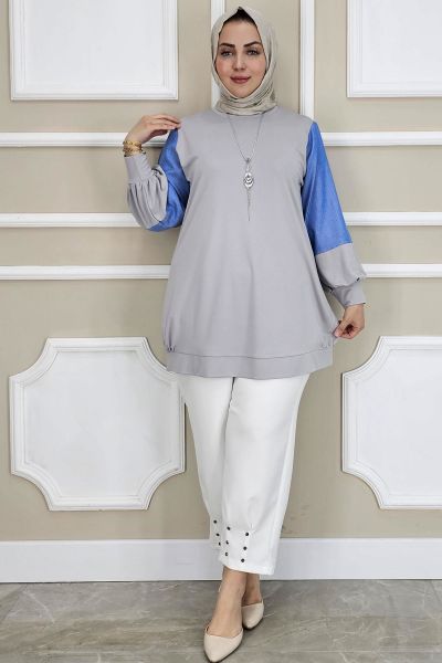 PYS KADIN KOMBİNLİ KOLYE DETAYLI TESETTÜR GRİ - 3 BEDEN