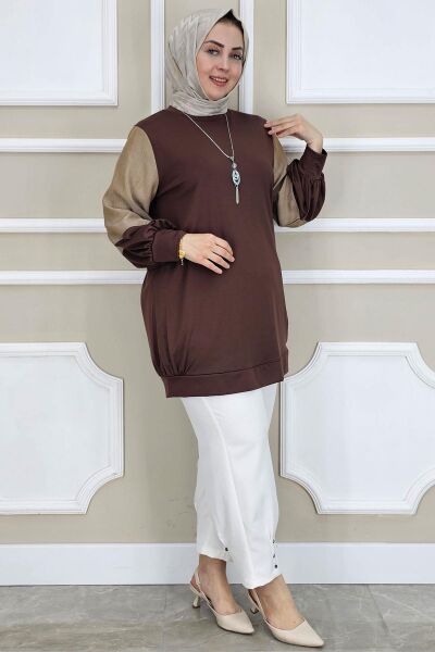 PYS KADIN KOMBİNLİ KOLYE DETAYLI TESETTÜR KAHVERENGİ - 3 BEDEN