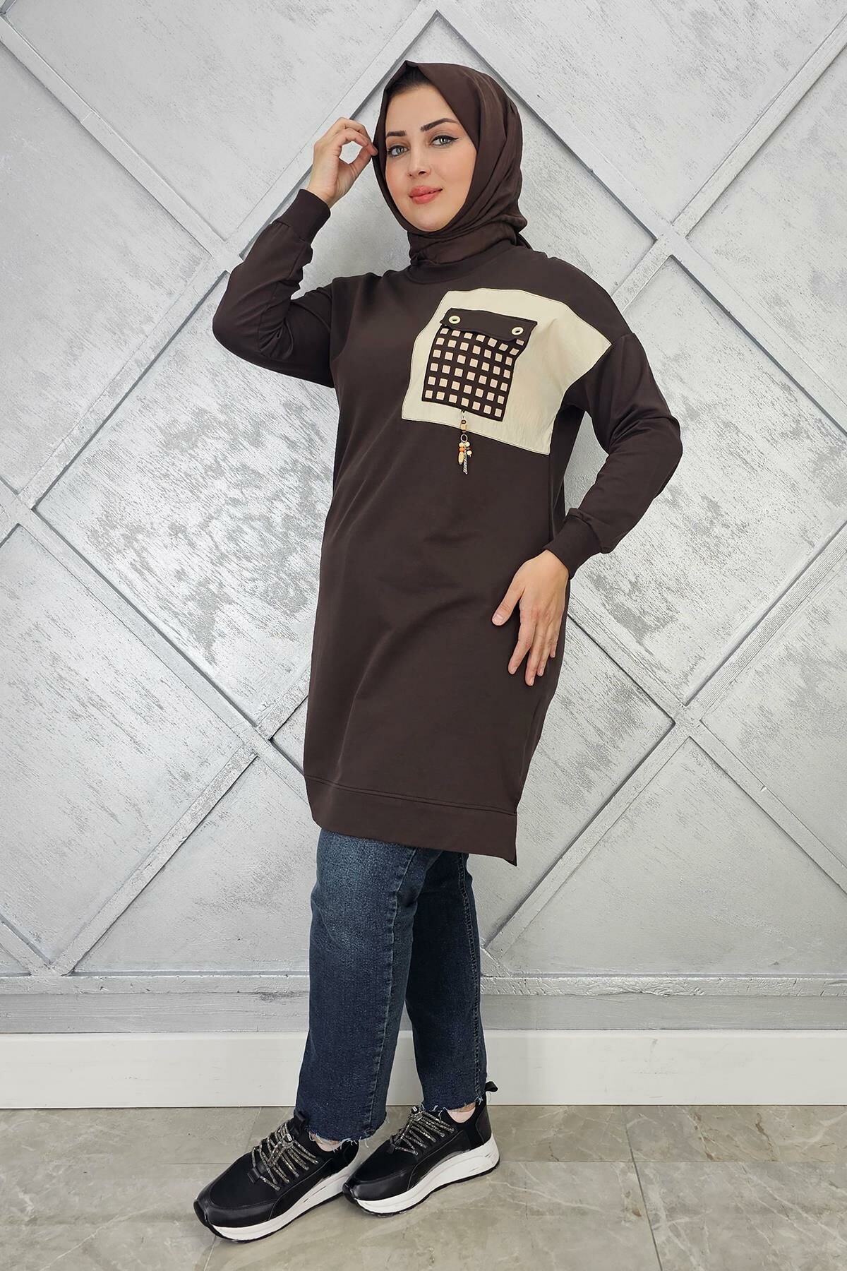 KADIN CEBİ KOMBİN VE AKSESUAR DETAYLI TESETTÜR TUNİK KAHVERENGİ - 3 BEDEN