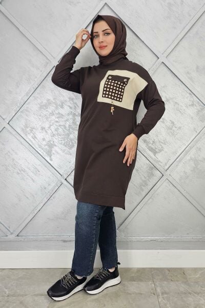 KADIN CEBİ KOMBİN VE AKSESUAR DETAYLI TESETTÜR TUNİK KAHVERENGİ - 3 BEDEN