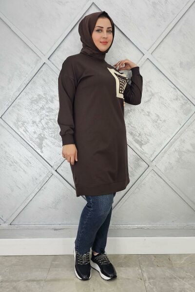 KADIN CEBİ KOMBİN VE AKSESUAR DETAYLI TESETTÜR TUNİK KAHVERENGİ - 3 BEDEN