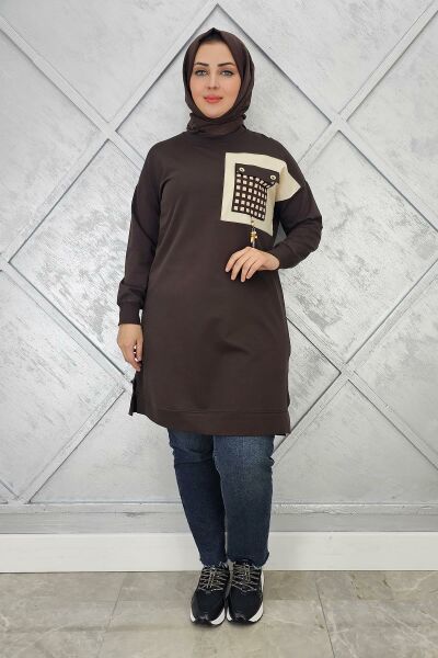 KADIN CEBİ KOMBİN VE AKSESUAR DETAYLI TESETTÜR TUNİK KAHVERENGİ - 3 BEDEN