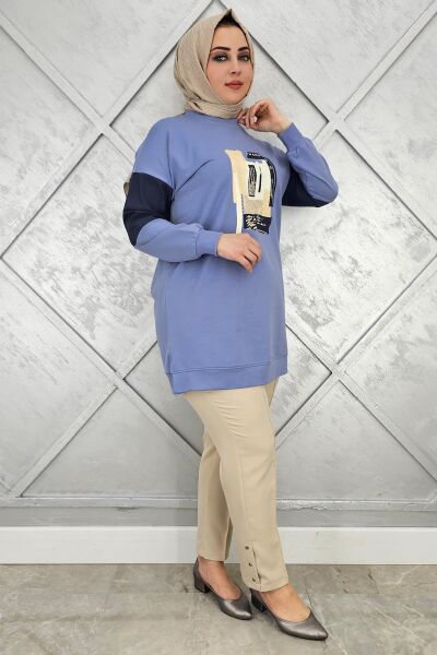 KADIN BASKI DETAYLI KOMBİNLİ TESETTÜR TUNİK MAVİ - 3 BEDEN