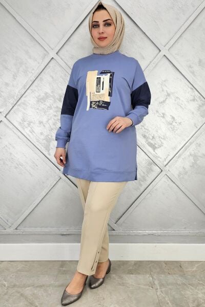 KADIN BASKI DETAYLI KOMBİNLİ TESETTÜR TUNİK MAVİ - 3 BEDEN