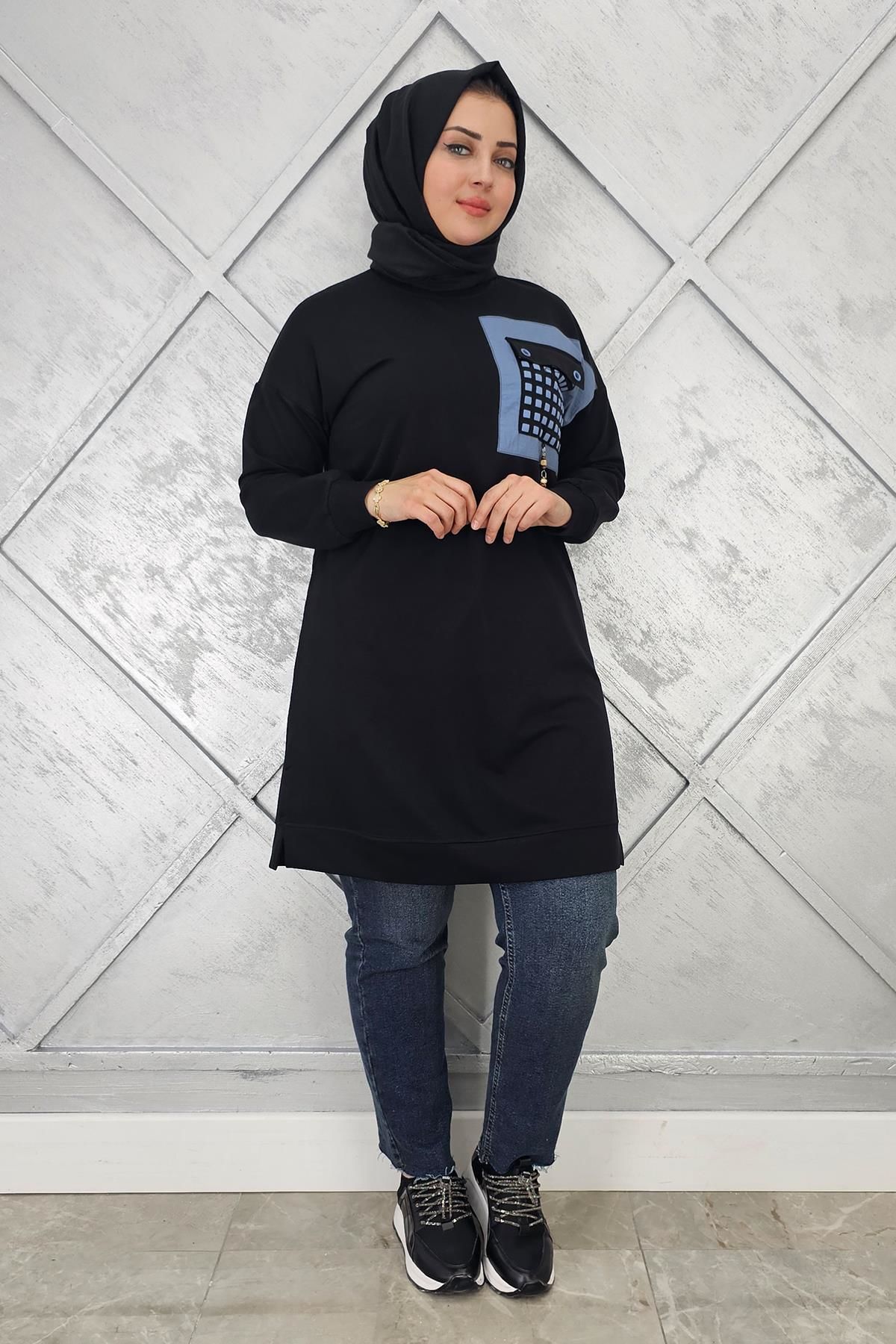 KADIN CEBİ KOMBİN VE AKSESUAR DETAYLI TESETTÜR TUNİK SİYAH - 5 BEDEN