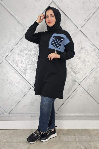 KADIN CEBİ KOMBİN VE AKSESUAR DETAYLI TESETTÜR TUNİK SİYAH - 5 BEDEN