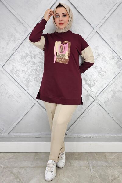 KADIN BASKI DETAYLI KOMBİNLİ TESETTÜR TUNİK BORDO - 2 BEDEN