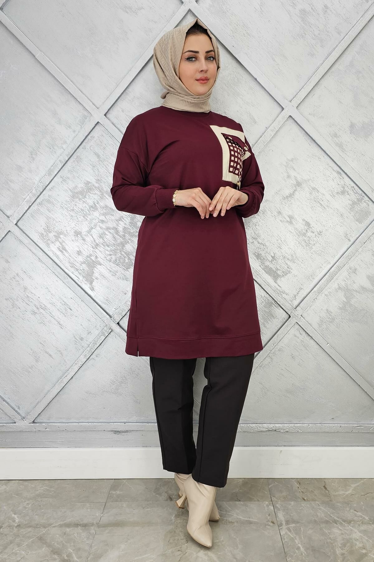 KADIN CEBİ KOMBİN VE AKSESUAR DETAYLI TESETTÜR TUNİK BORDO - 2 BEDEN