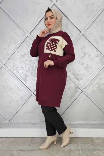 KADIN CEBİ KOMBİN VE AKSESUAR DETAYLI TESETTÜR TUNİK BORDO - 2 BEDEN