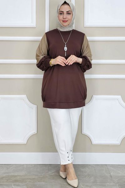 PYS KADIN KOMBİNLİ KOLYE DETAYLI TESETTÜR KAHVERENGİ - 4 BEDEN