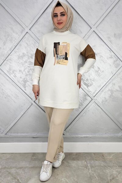 KADIN BASKI DETAYLI KOMBİNLİ TESETTÜR TUNİK EKRU - 5 BEDEN