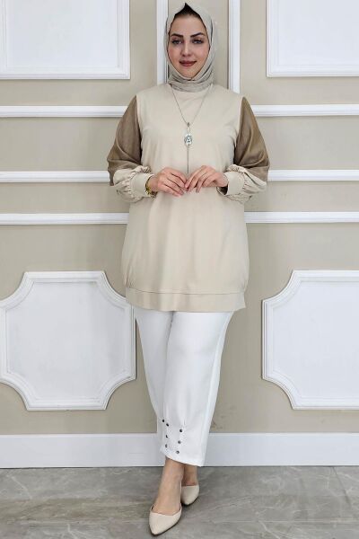 PYS KADIN KOMBİNLİ KOLYE DETAYLI TESETTÜR BEJ - 2 BEDEN